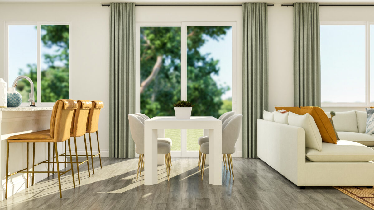 Close up of dining area table and chairs, with views of kitchen island stools and living room couch.