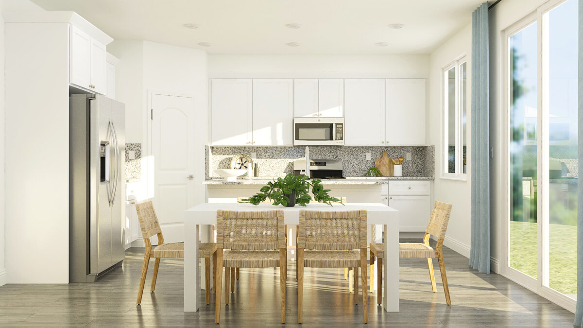 Dining room and kitchen view areas highlighting white cabinets and stain less steel appliances