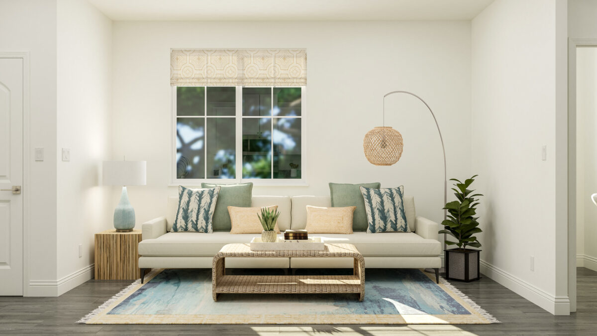 Staged rendering of furnished great room with focus on beige sofa, coffee table and window.