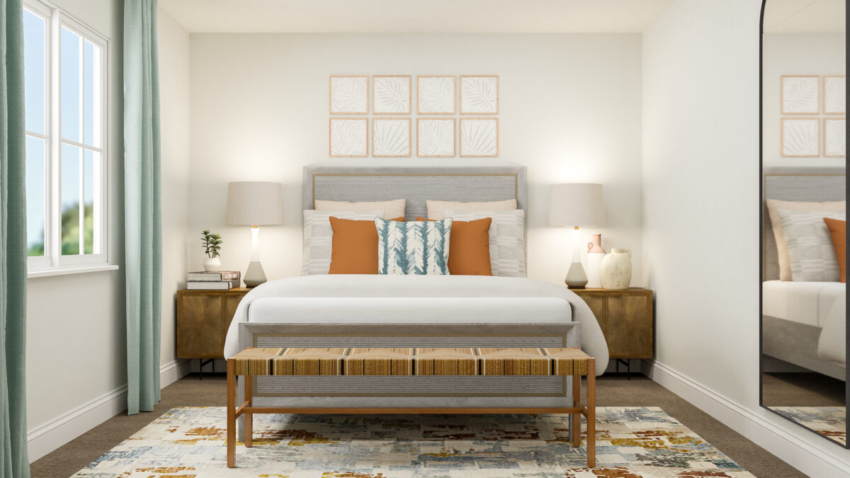 Staged rendering of second bedroom furnished with bed, two side tables and large wall mounted mirror.