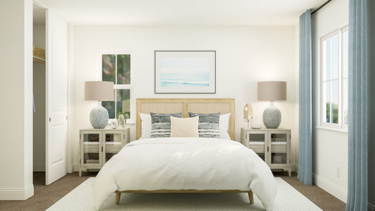 Staged rendering of second floor bedroom furnished with bed, two side tables and decorative lamps.