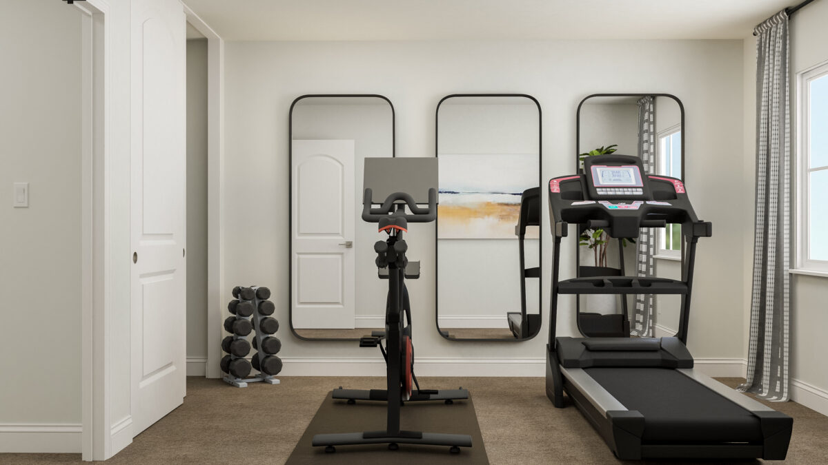 Staged rendering of second floor bedroom alternative designated as an at-home gym, and furnished with weights, cycle bike, and treadmill.