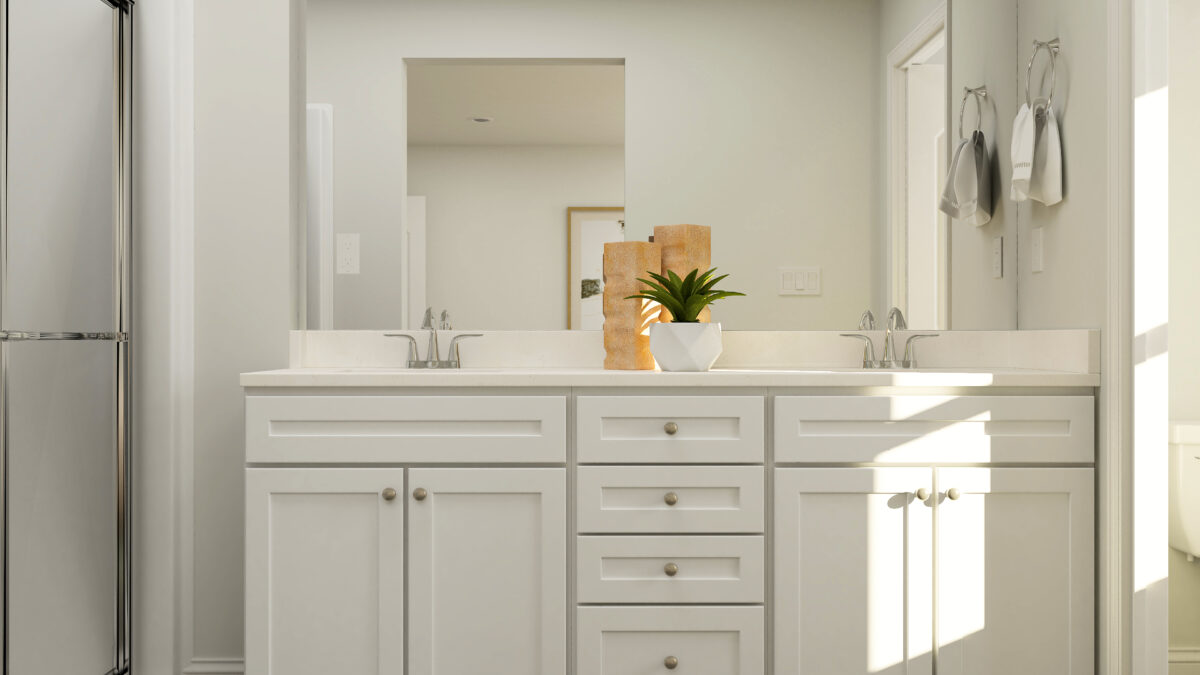 Close up of primary bathroom counters and mirror.