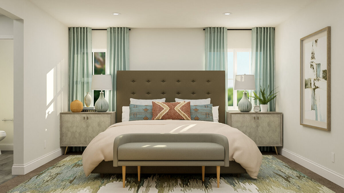 Staged rendering of primary bedroom suite, furnished with bed, two side tables and with partial view of bathroom area.