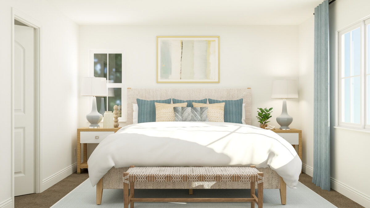 Staged rendering of primary bedroom furnished with bed, two side tables and decorative accessories.