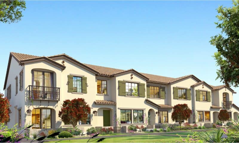 Rendering of two-story Spanish style townhomes.