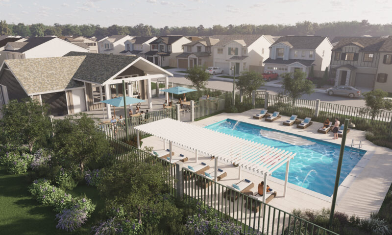 Rendering of community pool, clubhouse, and shaded areas with people sunbathing