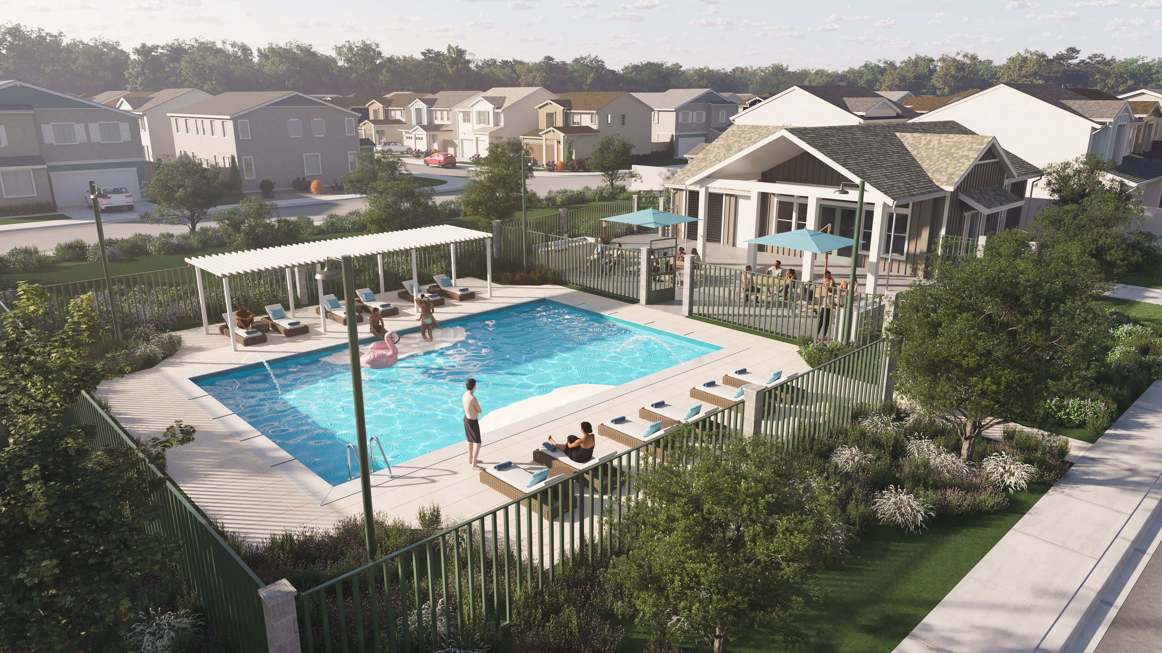 Rendering of community pool with shaded seating area and people sunbathing.