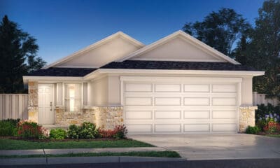 Rendering of beige house with natural stone trim.