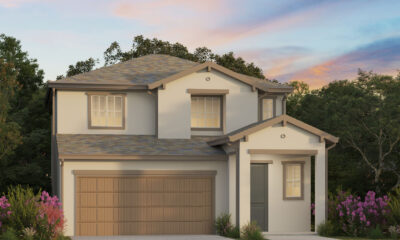 Exterior rendering of two-story, tan craftsman style home.