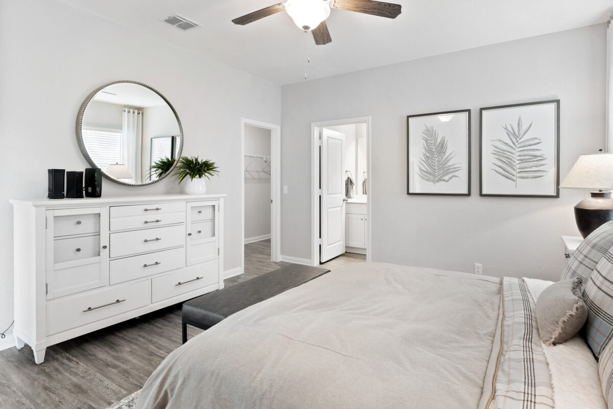 View of main bedroom, walk-in closet and bathroom entrance.