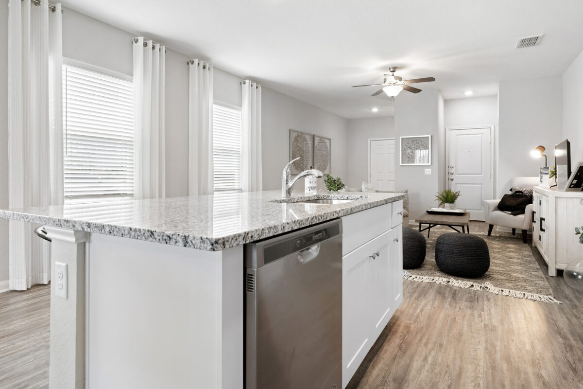 Closeup of granite countertop and dishwasher in model home in Trails at Culebra community..