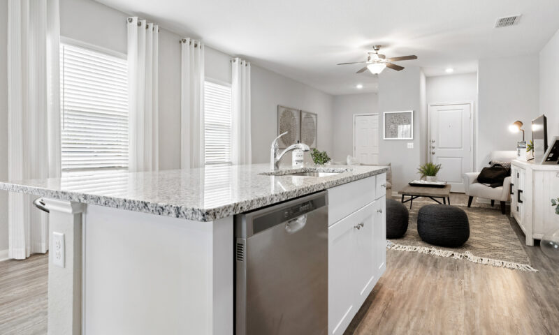 Closeup of granite countertop and dishwasher in model home in Trails at Culebra community..