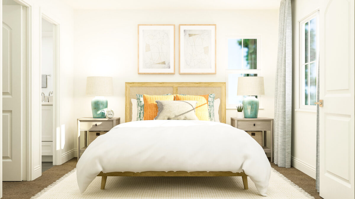 Staged rendering of secondary bedroom furnished with bed, two side tables, and lamps.